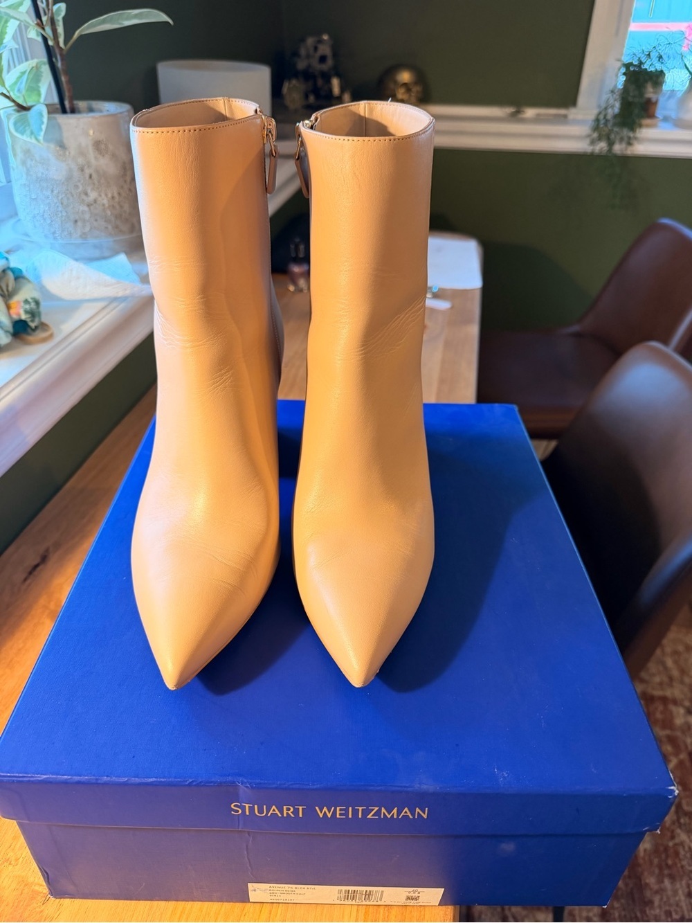 Stuart Weitzman Avenue 75 Block Bootie in Beige, featuring a pointed toe.